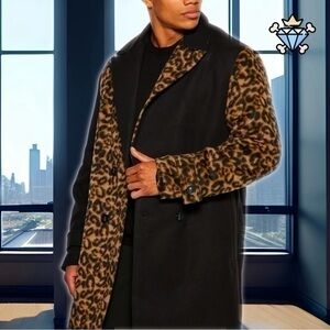 FASHION NOVA MEN SPLIT ANIMAL PRINT AND SOLID COLOR LONG COAT SIZE SMALL WINTER